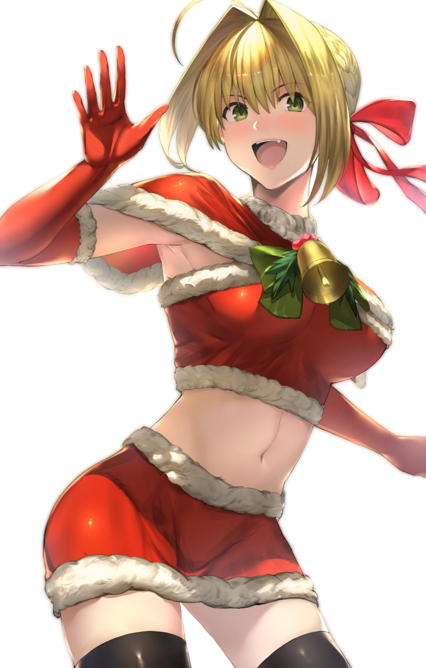 1girl absurdres ahoge bangs bell black_legwear blonde_hair blush bow braid breasts capelet christmas elbow_gloves fang fate/extra fate_(series) french_braid fur-trimmed_capelet fur-trimmed_gloves fur-trimmed_skirt fur_trim gloves green_bow green_eyes green_neckwear hair_bun hair_intakes hair_ribbon highres large_breasts long_hair looking_at_viewer midriff navel nero_claudius_(fate) nero_claudius_(fate)_(all) open_mouth red_capelet red_gloves red_ribbon red_skirt ribbon simple_background skirt smile solo thigh-highs thighs white_background yamada_(polisotiren)
