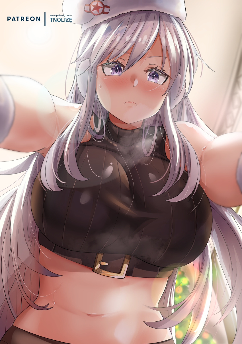 1girl absurdres artist_name azur_lane blush breasts breath christmas christmas_tree closed_mouth crop_top earmuffs enterprise_(azur_lane) enterprise_(reindeer_master)_(azur_lane) eyebrows_visible_through_hair eyelashes from_below hair_between_eyes hat highres indoors large_breasts lens_flare lips long_hair looking_at_viewer midriff navel patreon_username pov ribbed_sweater silver_hair sleeveless sleeveless_turtleneck snowman_hair_ornament solo steam sweat sweater tnolize turtleneck turtleneck_sweater violet_eyes white_headwear