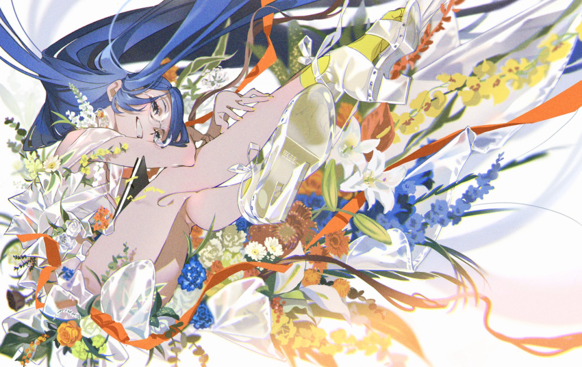 1girl blue_eyes blue_hair book breasts dress english_commentary flower glasses grin highres long_hair looking_away original ribbon see-through smile solo teeth very_long_hair white_background yellow_legwear yoneyama_mai