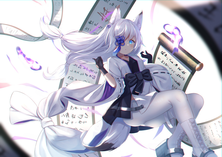 1girl animal_ear_fluff animal_ears azur_lane bangs black_gloves blue_eyes closed_mouth commentary_request cross-laced_footwear eyebrows_visible_through_hair eyepatch f_(milfaaaaa) fox_ears fox_tail gloves highres japanese_clothes kasumi_(azur_lane) kimono looking_at_viewer low_twintails obi pantyhose platform_boots platform_footwear sash scroll sidelocks silver_hair solo tail twintails white_footwear white_kimono white_legwear