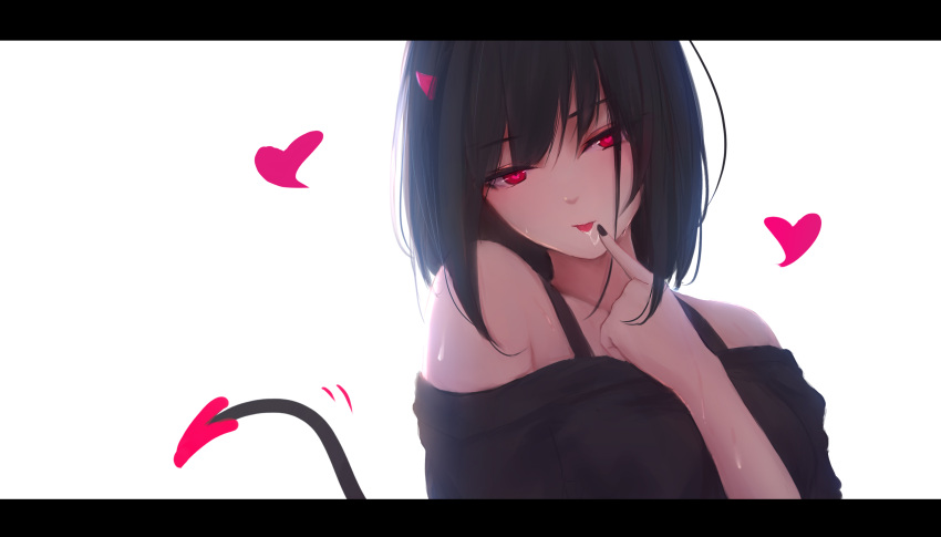 1girl absurdres bangs bare_shoulders black_nails black_shirt commentary demon_tail eyebrows_visible_through_hair heart highres looking_at_viewer original red_eyes red_horns saliva shimmer shirt simple_background solo sweat tail white_background