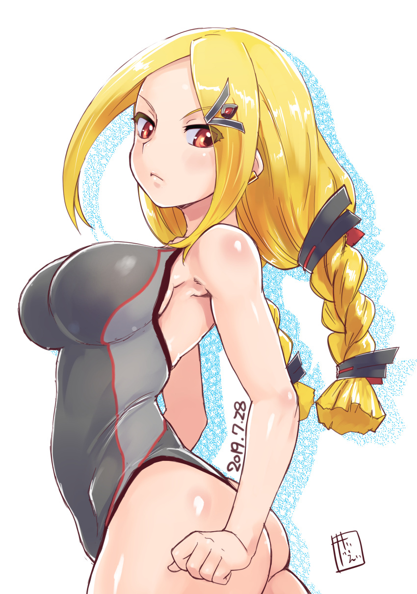 1girl absurdres ass blonde_hair braid breasts character_request clenched_hand dated earrings frown grey_leotard hair_ornament hairclip highres jewelry kei_jiei large_breasts leotard looking_at_viewer red_eyes sennen_sensou_aigis simple_background standing twin_braids white_background