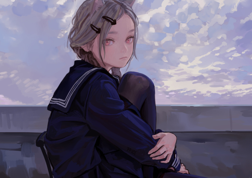 1girl animal_ears braid cat_ears chair closed_mouth fkey from_side frown grey_hair hair_ornament hairclip hand_on_own_arm holding_arm knee_up leg_hug long_sleeves looking_at_viewer original school_uniform serafuku sitting skirt skirt_set sky solo twin_braids twintails