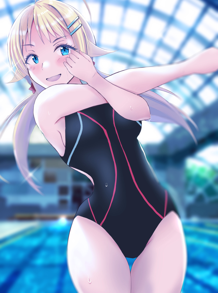 1girl absurdres ahoge azuki_cha black_swimsuit blonde_hair blue_eyes commentary_request competition_swimsuit cowboy_shot hachimiya_meguru hair_flaps highres idolmaster idolmaster_shiny_colors indoors looking_at_viewer low_twintails one-piece_swimsuit pool smile solo stretch swimsuit thigh_gap twintails