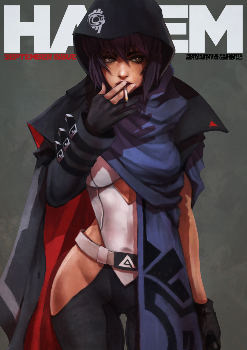 1girl absurdres belt black_gloves black_pants breasts brown_eyes cigarette cloak commentary cover english_commentary fake_magazine_cover ghost_in_the_shell gloves grey_background gun highres hip_vent holding holding_gun holding_weapon hood hood_up hooded_cloak kusanagi_motoko large_breasts loose_belt magazine_cover monori_rogue pants partly_fingerless_gloves purple_hair single_sleeve smoking solo thigh_gap weapon