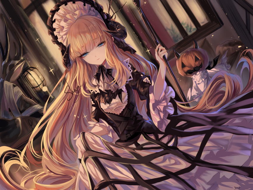 1girl arknights artist_name bangs black_shirt blonde_hair blue_eyes cowboy_shot dutch_angle eyebrows_visible_through_hair frills hand_up hat highres horns jack-o'-lantern long_hair looking_at_viewer nightingale_(arknights) puffy_short_sleeves puffy_sleeves sheya shirt short_sleeves signature skirt skirt_hold solo very_long_hair white_skirt