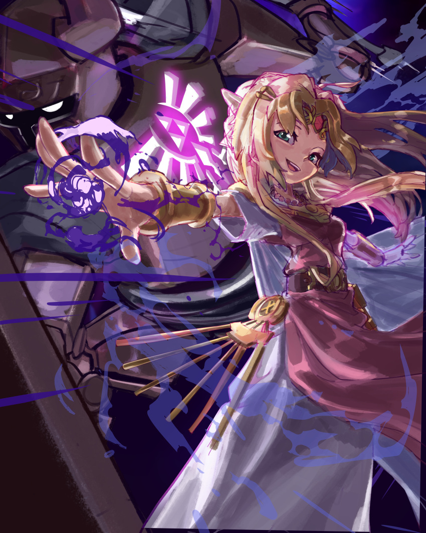 1girl 1other absurdres armor azoura back-to-back blonde_hair blue_eyes bracer circlet dress fire forehead_jewel glowing highres jewelry knight long_dress long_hair looking_at_viewer magic necklace outstretched_arms pearl_necklace phantom_(the_legend_of_zelda) pointy_ears princess_zelda purple_fire shield smile tabard the_legend_of_zelda the_legend_of_zelda:_spirit_tracks work_in_progress
