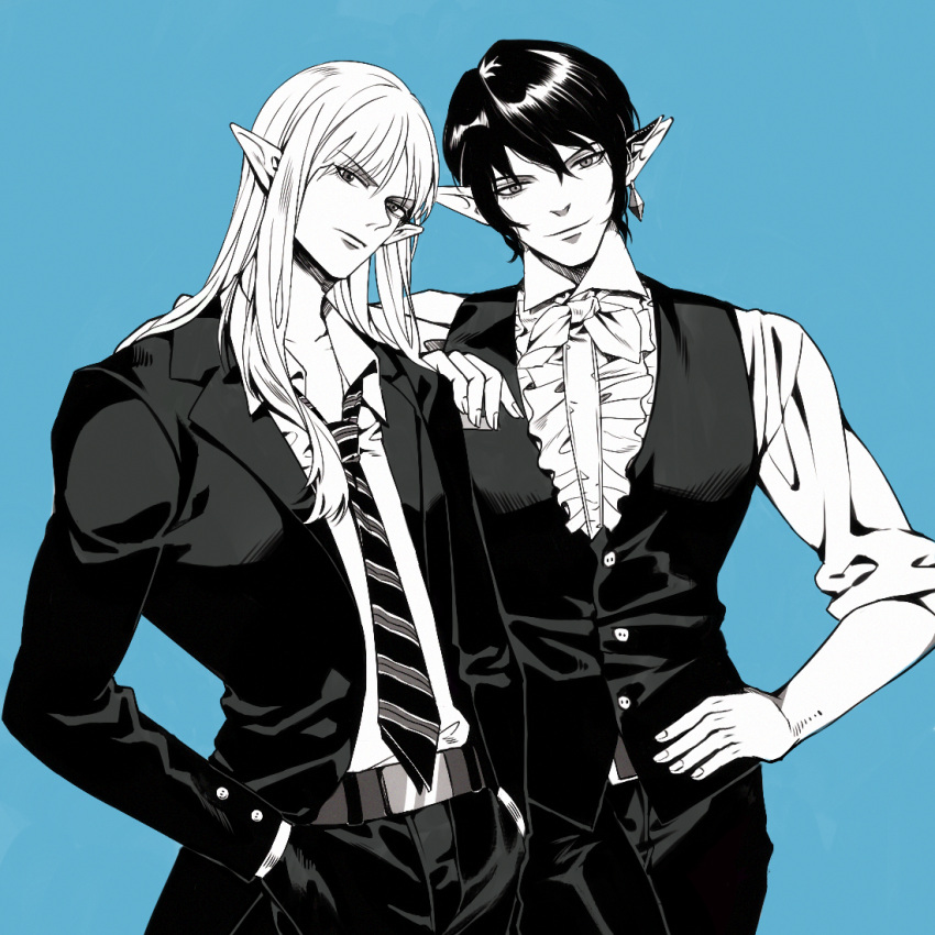 2boys bangs belt blue_background buttons character_request closed_mouth collar collarbone collared_jacket collared_shirt dama_(sindygao) earrings final_fantasy final_fantasy_xiv frills hand_in_pocket hand_on_another's_shoulder hand_on_hip jacket jewelry long_hair long_sleeves looking_at_viewer male_focus monochrome multiple_boys necktie open_clothes open_jacket pants pointy_ears shirt short_hair simple_background single_earring smile standing striped striped_neckwear vest