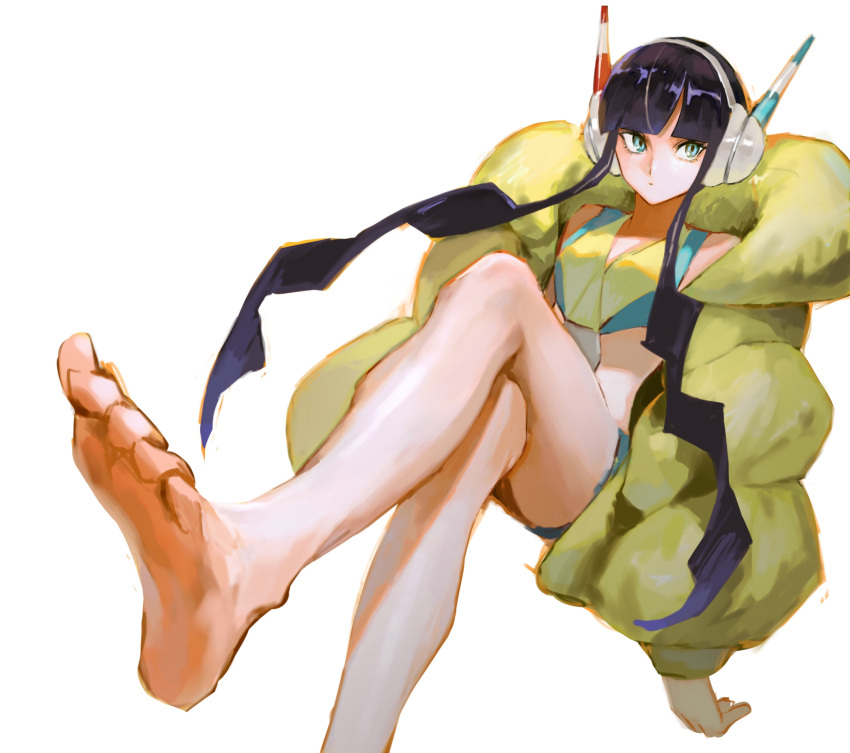 1girl aqua_eyes aqua_shorts bangs bare_legs bare_shoulders barefoot black_hair blunt_bangs breasts crop_top crossed_legs dutch_angle feet foreshortening gym_leader halter_top halterneck headphones highres kamitsure_(pokemon) ligton1225 looking_at_viewer multicolored multicolored_clothes pokemon pokemon_(game) pokemon_bw2 pov_feet shiny shiny_hair shorts simple_background sitting small_breasts soles solo tsurime white_background yellow_coat