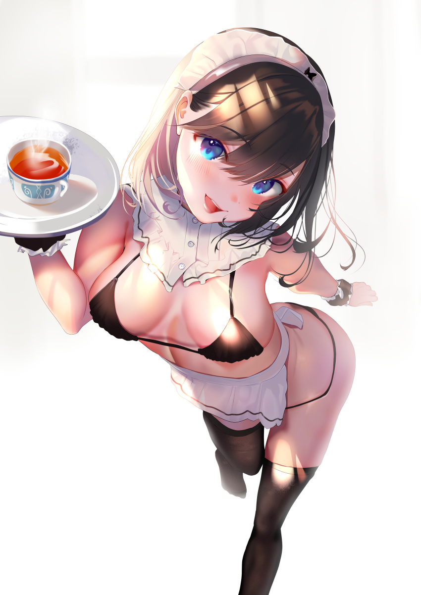 1girl :d absurdres apron black_bra black_panties blue_eyes bra breasts brown_hair eyebrows_visible_through_hair from_above highres inushima long_hair looking_at_viewer looking_up maid maid_headdress open_mouth original panties smile tea thigh-highs tray underwear underwear_only walking wrist_cuffs