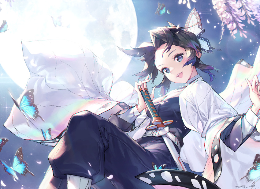 1girl :d black_hair blue_butterfly blue_eyes bug butterfly butterfly_hair_ornament full_moon hair_ornament hand_up highres insect japanese_clothes katana kimetsu_no_yaiba kochou_shinobu looking_at_viewer moon night night_sky open_mouth outdoors punc_p sky smile solo sword weapon