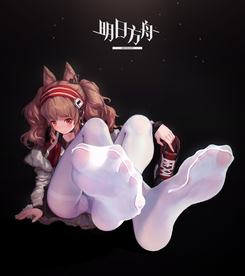 absurdres angelina_(arknights) arknights bag black_shorts double_horizontal_stripe duffel_bag feet highres ice_(dzs1392584271) jacket legs no_shoes pantyhose shorts soles striped_jacket toes white_coat white_jacket white_legwear