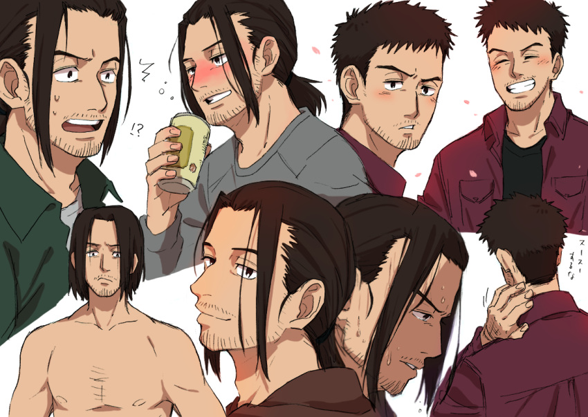 !? 1boy :o akahiro_hirata alcohol beer beer_can brown_hair can choko_egg closed_eyes facial_hair frown grey_shirt grin hand_up holding holding_can kaze_ga_tsuyoku_fuiteiru looking_at_viewer medium_hair multiple_views parted_lips red_shirt shirt shirtless simple_background smile stubble surprised sweatdrop white_background