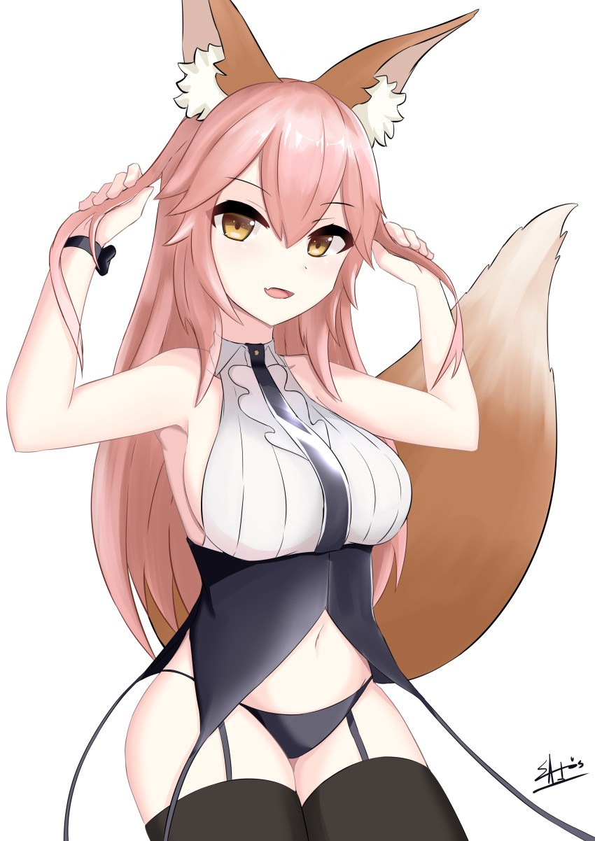 1girl :d absurdres animal_ear_fluff animal_ears bangs bare_arms bare_shoulders black_bow black_legwear black_panties bow breasts brown_eyes collared_shirt commentary_request cowboy_shot eyebrows_visible_through_hair fang fate/extra fate_(series) fox_ears fox_girl fox_tail garter_straps hair_between_eyes hands_up highres holding holding_hair ichikawayan large_breasts long_hair navel open_mouth panties pink_hair shirt sideboob signature sleeveless sleeveless_shirt smile solo tail tail_raised tamamo_(fate)_(all) tamamo_no_mae_(fate) thigh-highs underwear very_long_hair white_background white_shirt