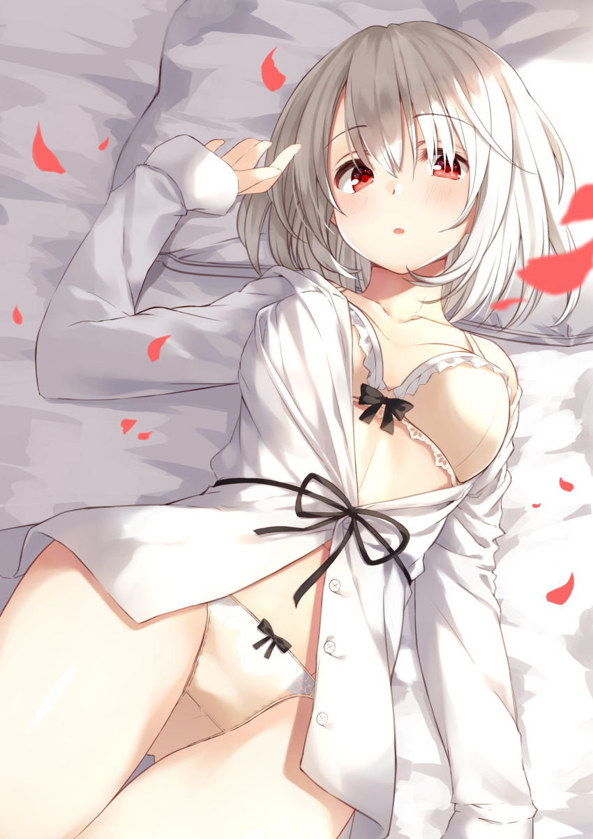 1girl absurdres bed_sheet bra breasts buttons collarbone crotch_seam hair_between_eyes hand_up highres leyte long_sleeves looking_at_viewer lying medium_breasts no_pants on_back original panties parted_lips petals pillow red_eyes shirt short_hair silver_hair solo underwear white_bra white_panties white_shirt