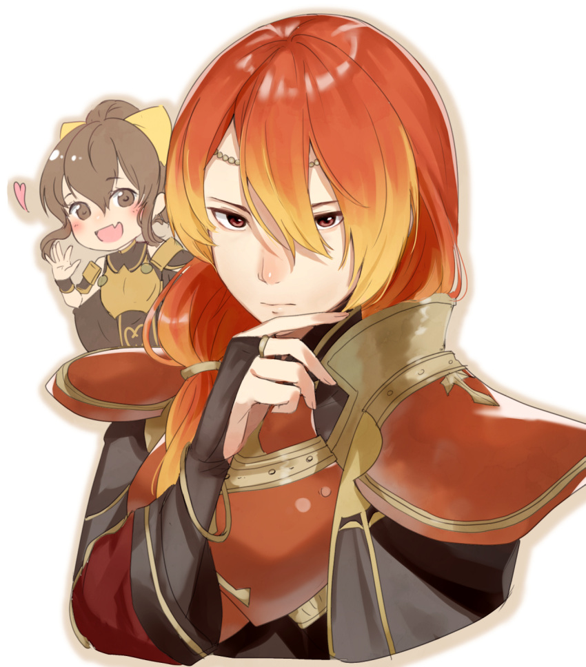 1boy 1girl bracelet breastplate bridal_gauntlets brother_and_sister brown_eyes brown_hair closed_mouth delthea_(fire_emblem) fire_emblem fire_emblem_echoes:_shadows_of_valentia haru_(nakajou-28) highres jewelry long_hair low_ponytail luthier_(fire_emblem) open_mouth orange_hair ponytail siblings simple_background white_background