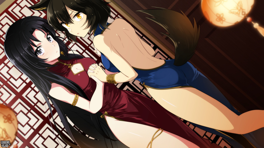 2girls animal_ears armlet ass backless_dress backless_outfit bangle bare_shoulders black_hair blue_dress blush bracelet brown_eyes china_dress chinese_clothes copyright_name dog_ears dog_tail dress dutch_angle grey_eyes hair_between_eyes hands_up highres holding_hands indoors jewelry kerberos_blade l_(matador) looking_at_viewer looking_back multiple_girls short_hair standing tail thighlet