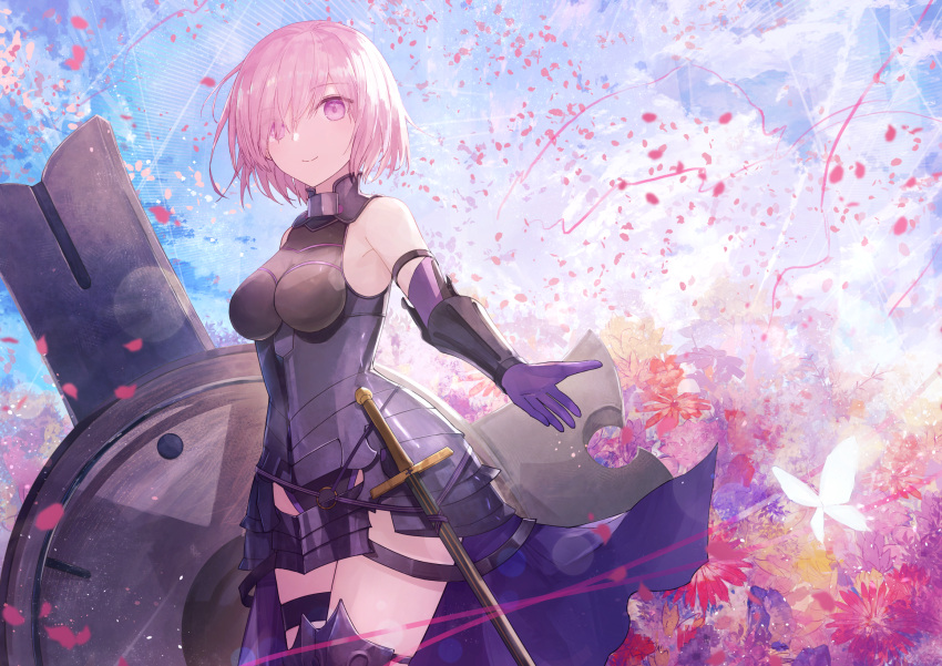 1girl armor armored_dress black_dress blush breasts bug butterfly commentary_request dress eyebrows_visible_through_hair fate/grand_order fate_(series) flower gloves hair_over_one_eye highres holding insect large_breasts lavender_hair looking_at_viewer mash_kyrielight open_mouth outdoors pink_hair purple_hair red_flower shield short_hair smile solo sword thkani violet_eyes weapon yellow_flower