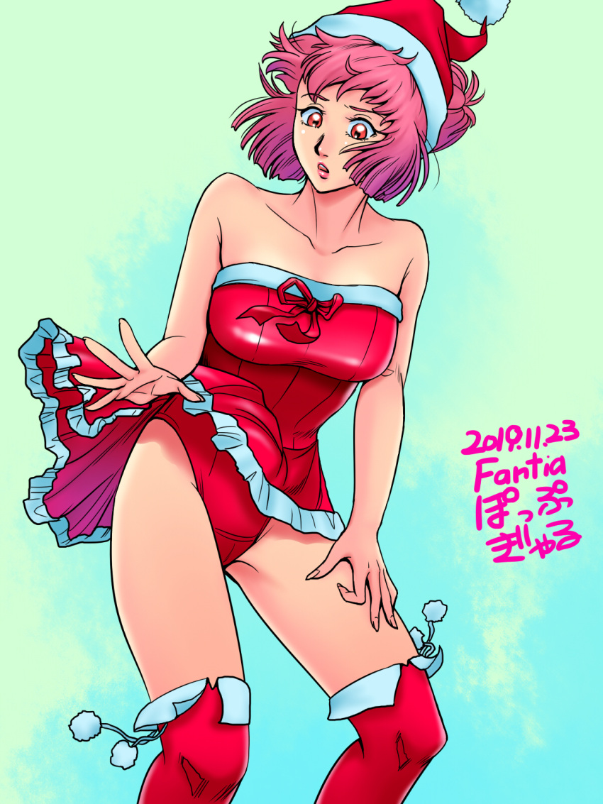 bare_arms bare_shoulders bare_thighs boots breasts dress hat highres laces momo_(mots) mots panties pink_hair red_eyes santa_boots santa_costume santa_hat short_hair simple_background strapless strapless_dress thighs underwear upskirt