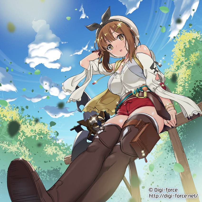 1girl :o atelier_(series) atelier_ryza belt blue_sky blush bracelet breasts brown_belt brown_eyes brown_gloves brown_hair brown_legwear clouds commentary_request day from_below gloves hair_ornament hairclip hat highres jewelry kimura_shigetaka looking_at_viewer outdoors red_shorts reisalin_stout short_hair short_shorts shorts sitting sky solo thigh-highs thighs watermark web_address white_headwear white_legwear