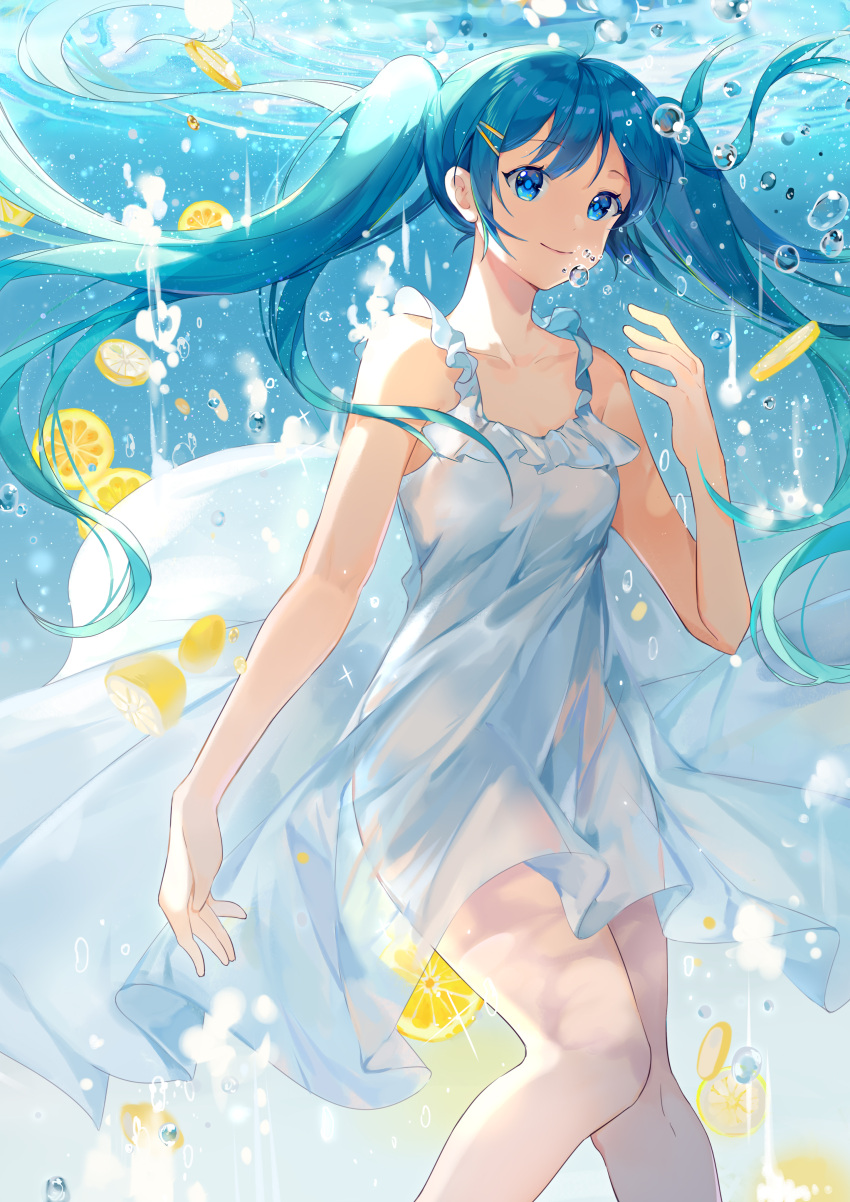 1girl absurdres air_bubble bangs bare_arms bare_shoulders blue_eyes blue_hair breasts bubble closed_mouth collarbone commentary dress english_commentary eyebrows_visible_through_hair food frilled_dress frills fruit hair_ornament hairclip hand_up hatsune_miku highres lemon lemon_slice long_hair looking_at_viewer see-through sleeveless sleeveless_dress small_breasts smile solo twintails underwater very_long_hair vocaloid water white_dress yayako_(804907150)