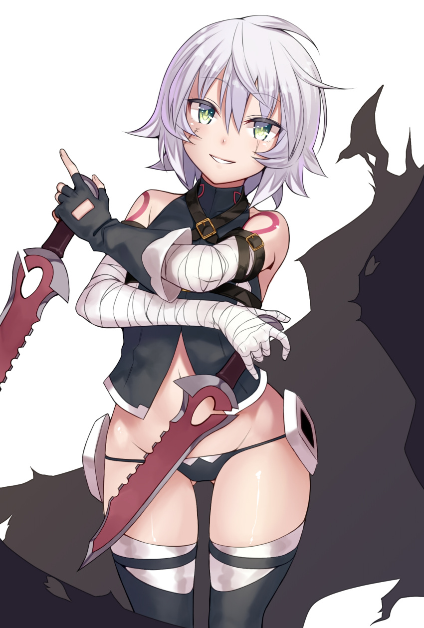 1girl ass_visible_through_thighs bandaged_arm bandaged_hand bandages dual_wielding facial_scar fate/apocrypha fate/grand_order fate_(series) fingerless_gloves gloves green_eyes grey_hair groin highres holding jack_the_ripper_(fate/apocrypha) knife orochi_itto scar scar_across_eye short_hair smile solo thigh-highs thighs white_background