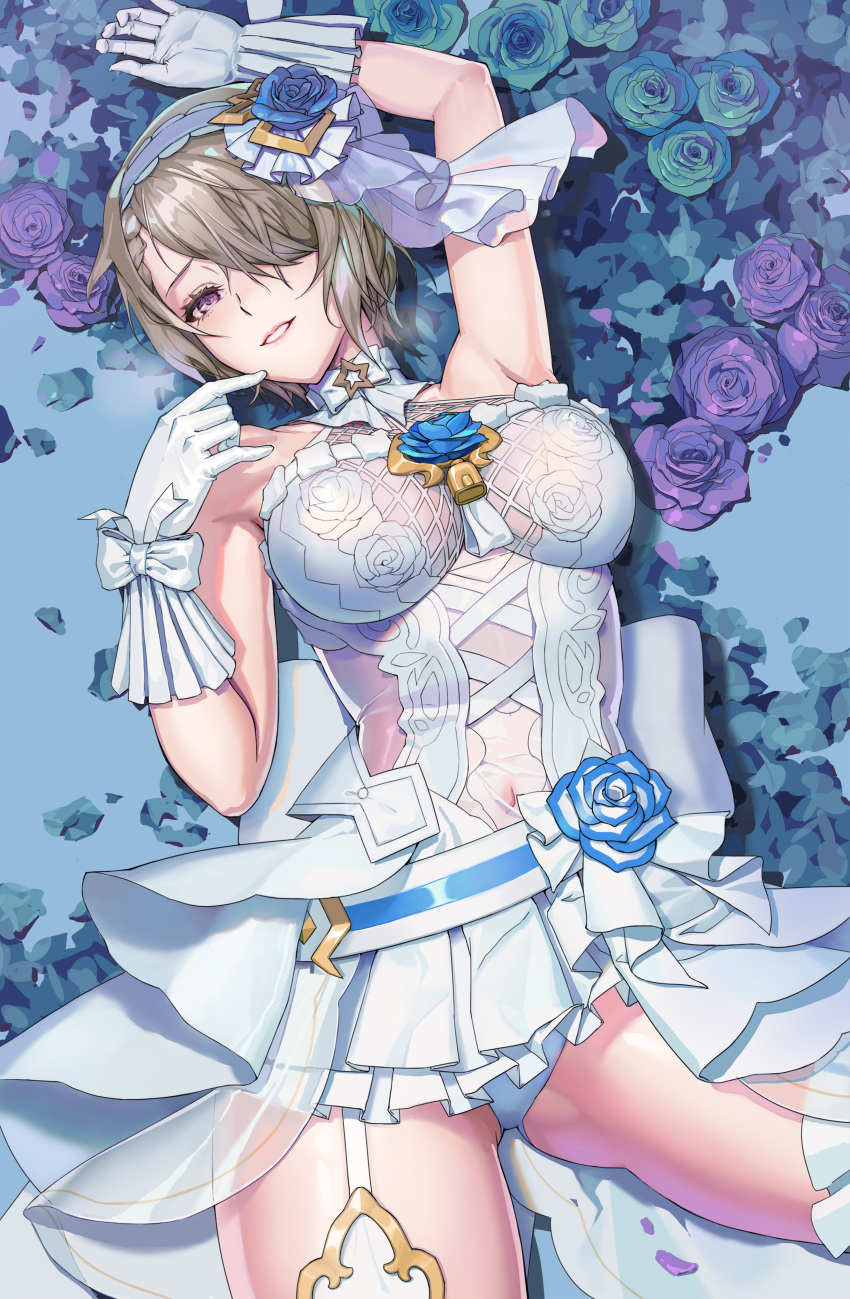 1girl :d absurdres arm_up artist_request breasts brown_hair dress flower garter_straps gloves hair_over_one_eye headband highres honkai_(series) honkai_impact_3rd lying on_back open_mouth panties rita_rossweisse rose see-through sleeveless sleeveless_dress smile solo underwear violet_eyes wedding_dress white_gloves white_legwear white_panties