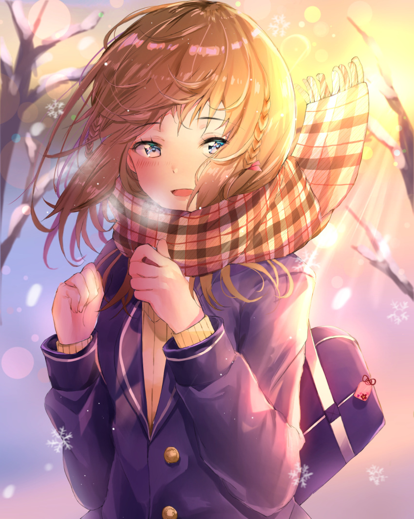 1girl arms_up bag bare_tree blazer blue_eyes blue_jacket blurry blurry_background braid breath brown_hair carrying_over_shoulder charm_(object) clenched_hands commentary_request day depth_of_field gradient_sky hair_blowing highres hono75874007 jacket lens_flare looking_at_viewer open_mouth original outdoors plaid plaid_scarf scarf school_bag school_uniform short_hair sky snow snowflakes solo sunset sweater tree twin_braids upper_body wind wind_lift