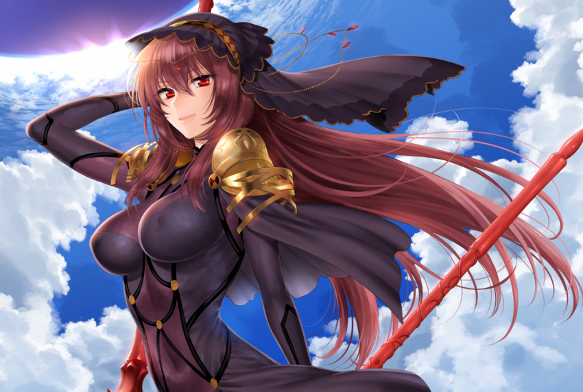 1girl blue_sky bodysuit clouds cloudy_sky covered_navel covered_nipples fate/grand_order fate/stay_night fate_(series) gae_bolg holding holding_spear holding_weapon long_hair looking_at_viewer pauldrons polearm purple_bodysuit purple_hair red_eyes scathach_(fate)_(all) scathach_(fate/grand_order) shoukaki_(earthean) shoulder_armor sky smile solo spear weapon