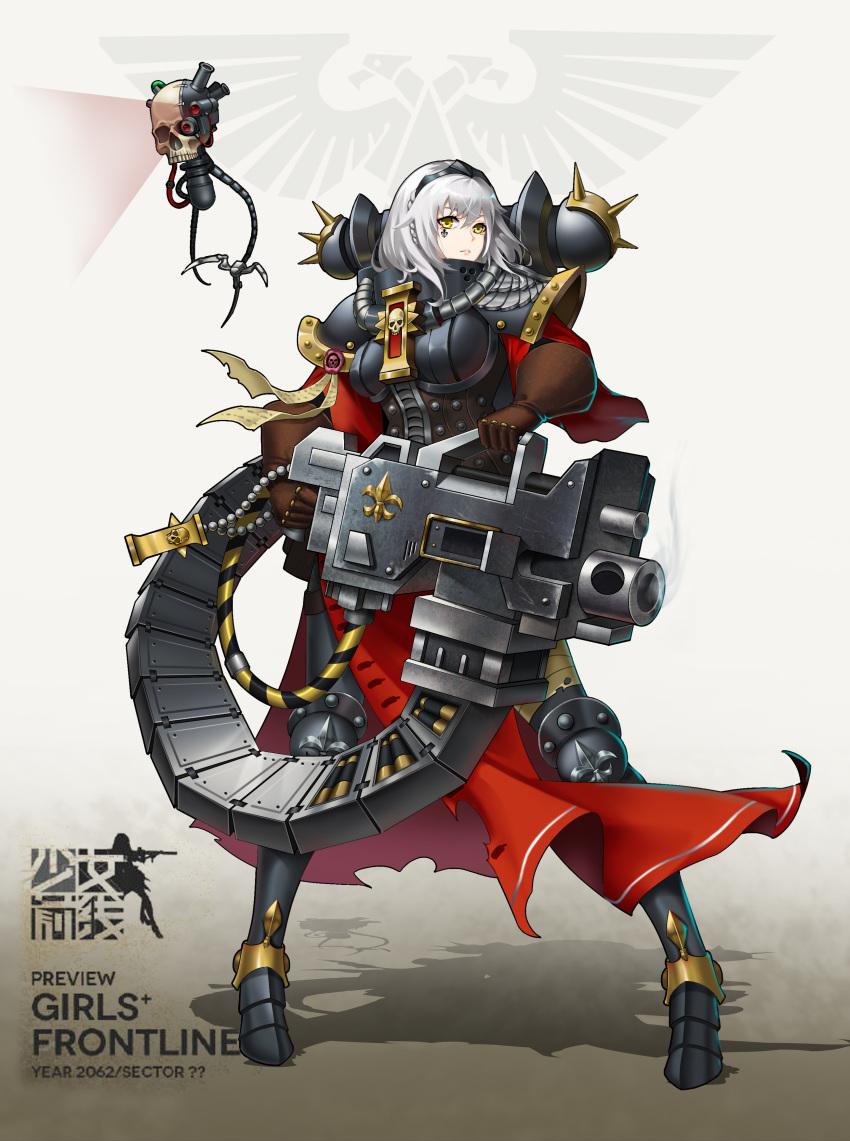 1girl absurdres adepta_sororitas backpack bag bolter commentary_request facial_tattoo fleur_de_lis full_body girls_frontline gun highres looking_at_viewer moonface parted_lips pauldrons power_armor purity_seal skull skull_probe smoke smoking_gun solo tattoo warhammer_40k weapon white_hair yellow_eyes