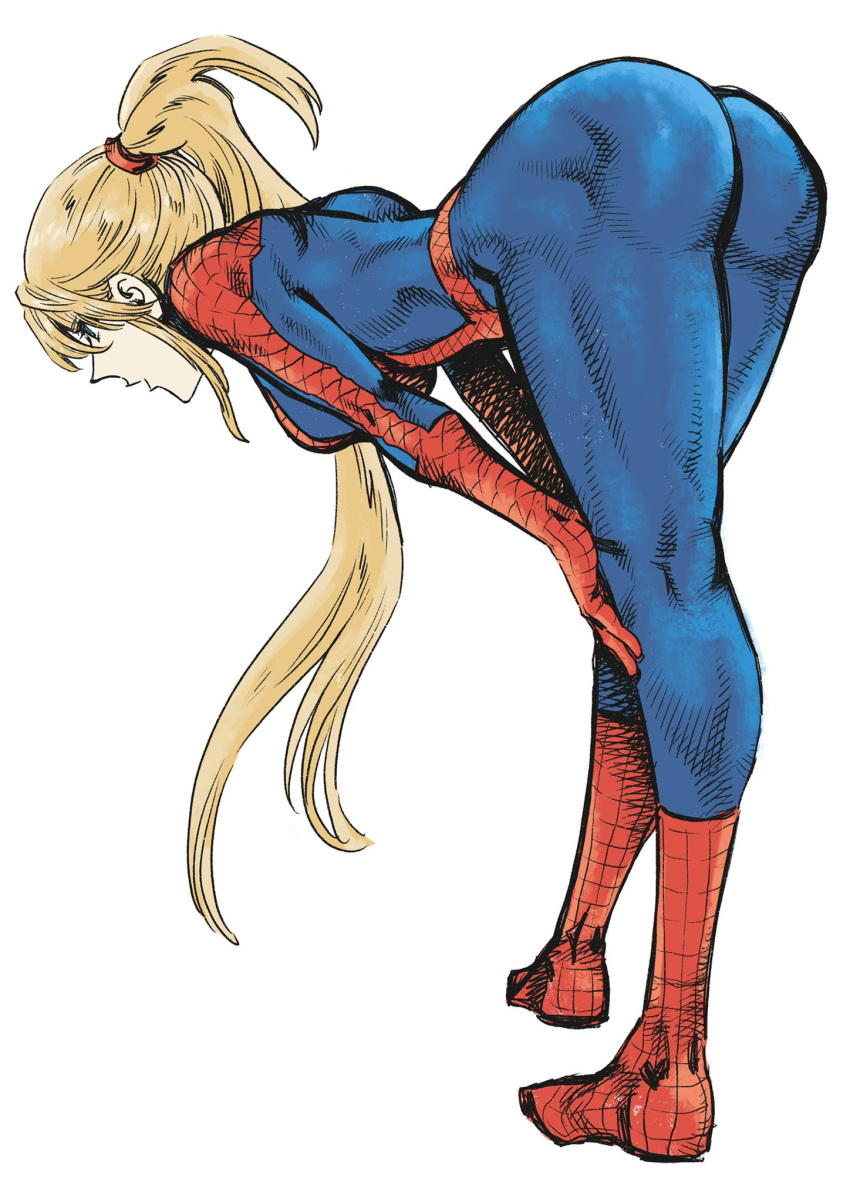 1girl ass bent_over blonde_hair blue_eyes bodysuit breasts commentary_request cosplay from_behind highres large_breasts long_hair metroid ponytail samus_aran simple_background solo spider-man spider-man_(cosplay) spider-man_(touei) thighs tied_hair toned tsunamino_yuu very_long_hair white_background