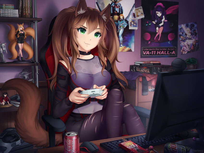 1girl animal_ears battlestar_galactica breasts candy chair coca-cola collar commission controller dot_nose eyebrows_visible_through_hair fate_(series) floating_hair food fox_ears fox_tail game_controller gigamessy green_eyes gundam hair_between_eyes holding_controller keyboard_(computer) lollipop monitor mountain_dew mouse_(computer) navel office_chair original plant playing_games pocky poster_(object) rx-78-2 see-through shorts sidelocks sitting smile solo star tail tie_defender toosaka_rin torn_clothes torn_legwear