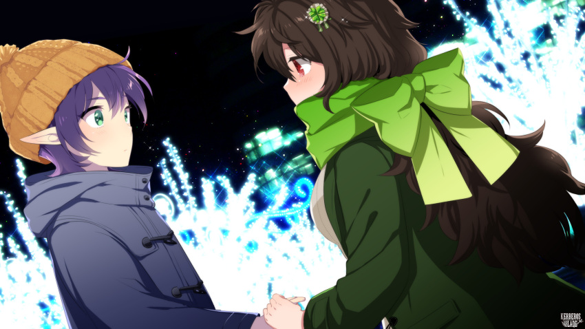 2girls aqua_eyes blurry blurry_background blush brown_hair christmas_lights copyright_name dutch_angle elf eye_contact green_coat green_scarf grey_coat hair_ornament highres holding_hands kerberos_blade l_(matador) long_hair looking_at_another multiple_girls night night_sky orange_headwear outdoors pointy_ears purple_hair red_eyes scarf short_hair sky upper_body