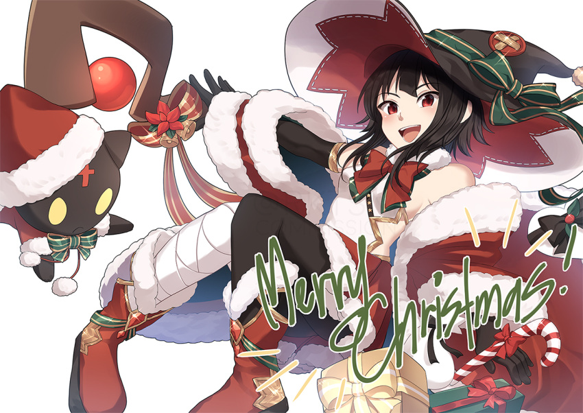 1girl bandaged_leg bandages bell black_gloves black_hair black_headwear black_legwear boots bow bowtie box breasts candy candy_cane cat chomusuke christmas coat elbow_gloves english_text food fur-trimmed_boots fur_trim gift gift_box gloves hat hat_bow knees_together_feet_apart kono_subarashii_sekai_ni_shukufuku_wo! looking_at_viewer medium_hair megumin merry_christmas miniskirt open_mouth outstretched_arm pantyhose red_eyes red_footwear red_neckwear red_skirt ribbon rktsm sideboob simple_background skirt small_breasts smile staff white_background witch_hat
