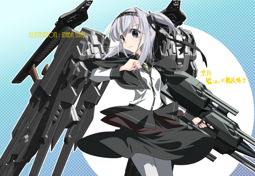1girl alternate_costume artist_name black_capelet black_skirt capelet character_name commentary_request cowboy_shot grey_eyes gun inaba_shiki kantai_collection long_hair machinery one_side_up pantyhose silver_hair skirt solo standing suzutsuki_(kantai_collection) weapon white_legwear