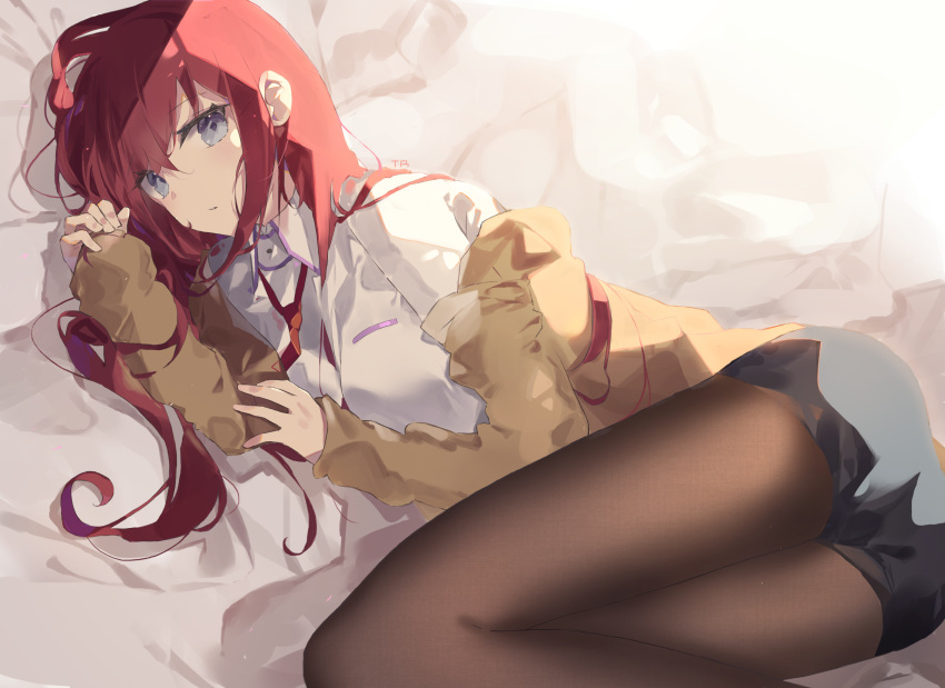 1girl black_legwear black_shorts blue_eyes breasts collared_shirt highres jacket legs_together light long_hair long_sleeves looking_at_viewer lying makise_kurisu medium_breasts necktie off_shoulder on_side pantyhose red_neckwear redhead shirt short_shorts shorts signature simple_background solo steins;gate tr_(hareru) white_background white_shirt