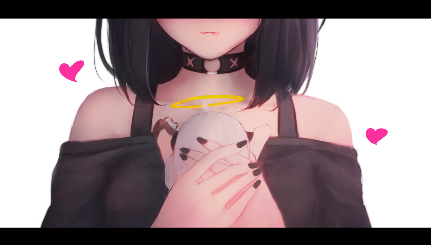 1girl absurdres bare_shoulders black_hair black_nails black_shirt commentary fang halo head_out_of_frame heart highres holding medium_hair original shimmer shirt simple_background solo stuffed_toy white_background