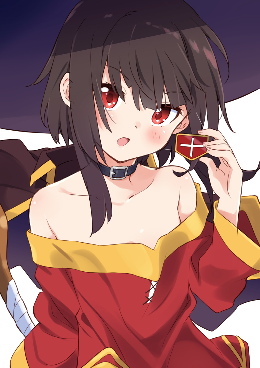 1girl :o absurdres bangs bare_shoulders black_headwear blush buckle collar collarbone commentary_request dress eyepatch eyepatch_removed hat highres holding kono_subarashii_sekai_ni_shukufuku_wo! long_sleeves looking_at_viewer megumin mousou_(mousou_temporary) off-shoulder_dress off_shoulder open_mouth red_dress red_eyes short_hair_with_long_locks sidelocks solo upper_body v-shaped_eyebrows witch_hat