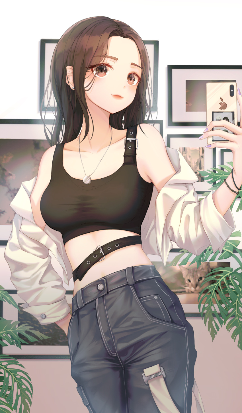1girl absurdres bare_shoulders bbeedol bead_bracelet beads belt black_hair black_pants black_shirt bracelet breasts brown_eyes cat cellphone collarbone cowboy_shot crop_top earrings forehead highres holding holding_phone jewelry leaf long_hair long_sleeves looking_at_viewer medium_breasts midriff necklace off_shoulder open_clothes open_shirt original pants parted_lips phone photo_(object) picture_frame purple_nails shirt sidelocks sleeveless sleeveless_shirt smartphone solo standing tank_top white_shirt