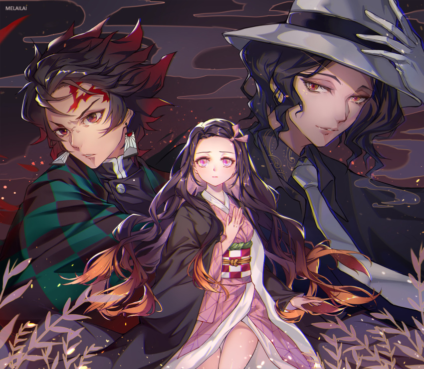 1girl 2boys artist_name asa_no_ha_(pattern) black_hair black_shirt breasts checkered checkered_obi collared_shirt cowboy_shot earrings facial_scar floating_hair forehead gloves gradient_hair grey_neckwear hair_ribbon hanafuda hand_on_headwear hand_on_own_chest haori hat highres japanese_clothes jewelry kamado_nezuko kamado_tanjirou kibutsuji_muzan kimetsu_no_yaiba kimono lips long_hair long_sleeves medium_breasts melailai multicolored_hair multiple_boys necktie orange_hair pink_eyes pink_kimono plant red_eyes redhead ribbon scar shirt short_hair spiky_hair thighs two-tone_hair uniform white_gloves white_headwear wide_sleeves