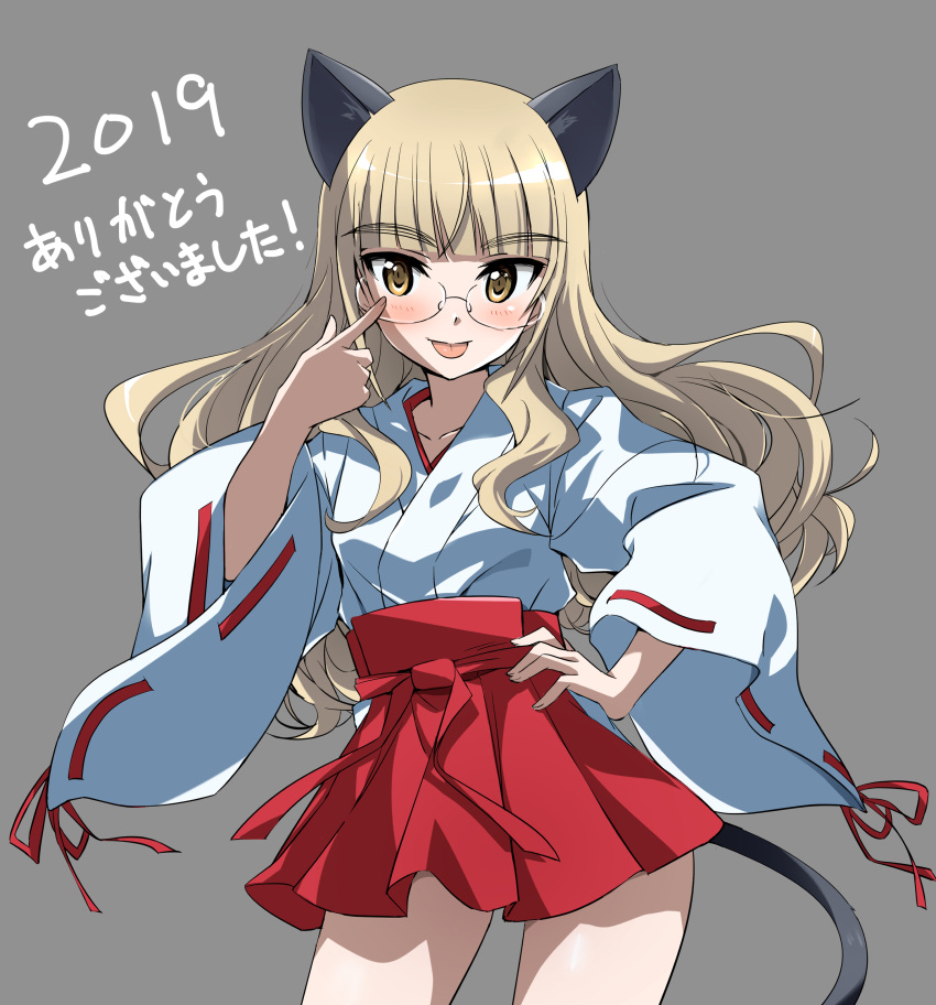 1girl 2019 :p absurdres akanbe animal_ears blonde_hair blush cat_ears cat_tail eyebrows_visible_through_hair glasses grey_background hand_on_hip highres japanese_clothes long_hair long_sleeves looking_at_viewer miko perrine_h_clostermann simple_background solo strike_witches tail tokiani tongue tongue_out wide_sleeves world_witches_series