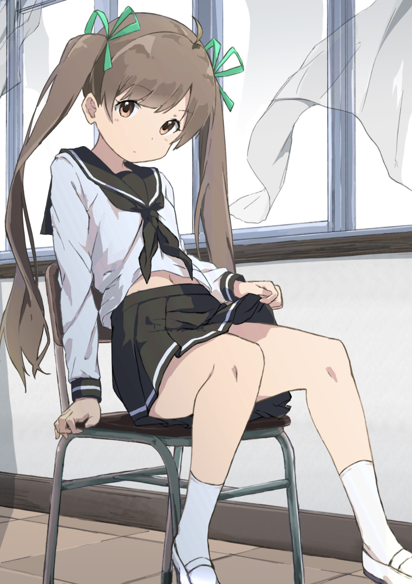 1girl bangs black_neckwear black_sailor_collar black_skirt brown_eyes brown_hair chair classroom curtains green_ribbon hair_ornament hair_ribbon hakozaki_serika highres idolmaster idolmaster_million_live! long_hair long_sleeves looking_at_viewer miniskirt navel neckerchief rauto ribbon sailor_collar school_chair school_uniform serafuku sitting skirt skirt_lift socks solo thighs two_side_up white_footwear white_legwear window