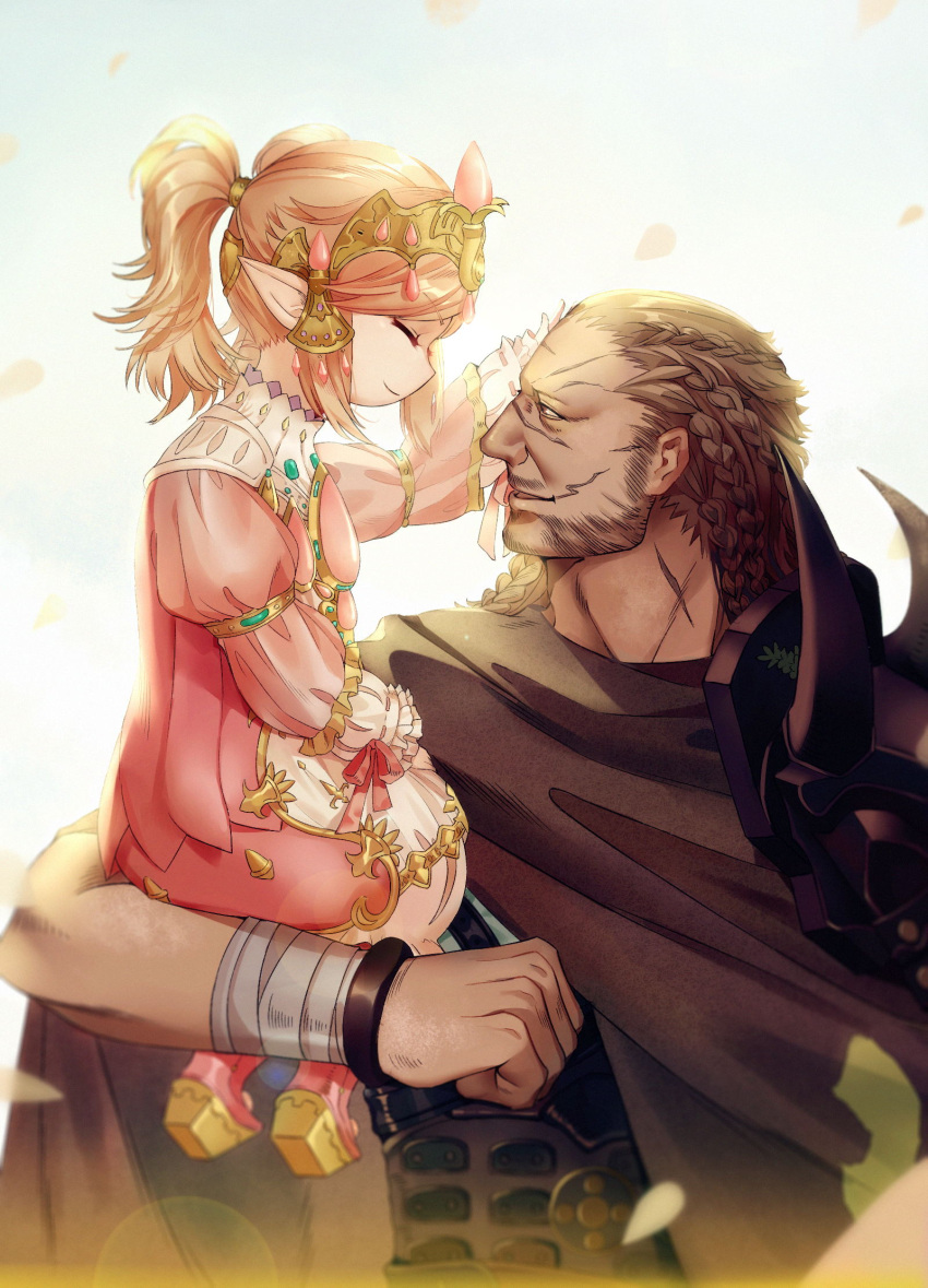 1boy 1girl bandaged_arm bandaged_wrist bandages bangs beard blonde_hair bracelet braid brown_cape brown_hair cape closed_eyes closed_mouth dama_(sindygao) dress facial_hair final_fantasy final_fantasy_xiv full_body hand_on_another's_head highres jewelry lalafell long_hair long_sleeves looking_at_viewer multiple_braids nanamo_ul_namo petals pink_dress pink_footwear pointy_ears ponytail raubahn_aldynn scar sitting sitting_on_arm size_difference tiara upper_body