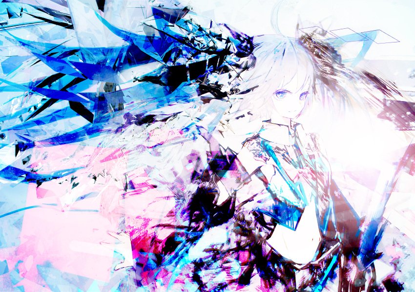 1girl abstract absurdres adapted_costume ahoge amenosoto aqua_hair arm_at_side black_skirt blue_eyes closed_mouth collared_shirt detached_sleeves grey_shirt groin hatsune_miku highres huge_filesize limited_palette long_hair looking_at_viewer midriff outstretched_arm pleated_skirt shirt skirt smile solo sparkling_eyes twintails upper_body very_long_hair vocaloid wind