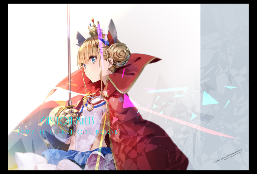 absurdres azur_lane bangs blonde_hair blue_eyes breasts cape crown double_bun epaulettes from_side gauntlets hair_ornament highres le_triomphant_(azur_lane) small_breasts solo striped striped_legwear sword weapon yuugen