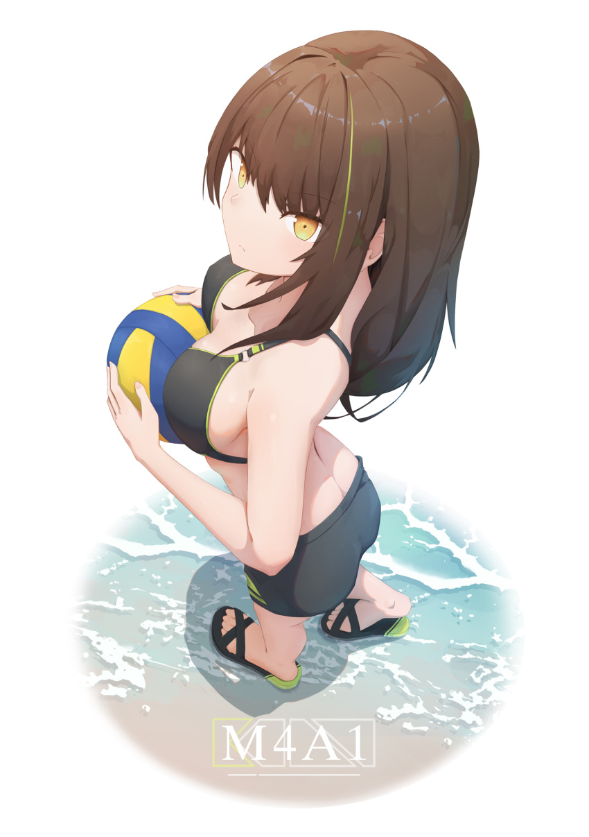 1girl absurdres ass ball black_hair black_swimsuit breasts collarbone girls_frontline green_hair highres looking_at_viewer looking_up m4a1_(girls_frontline) medium_breasts medium_hair sandals shorts swimsuit thighs twtnw yellow_eyes