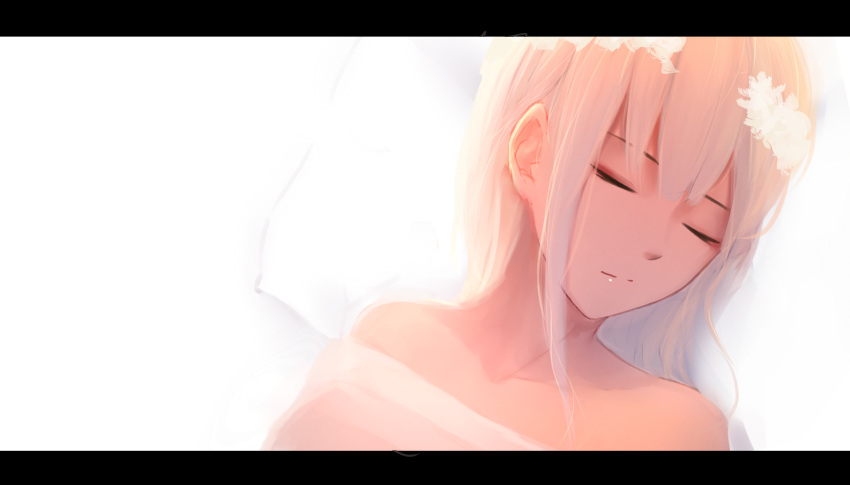 1girl absurdres bangs bare_shoulders blonde_hair closed_eyes closed_mouth collarbone commentary hair_ornament highres long_hair lying on_back original pillow shimmer solo