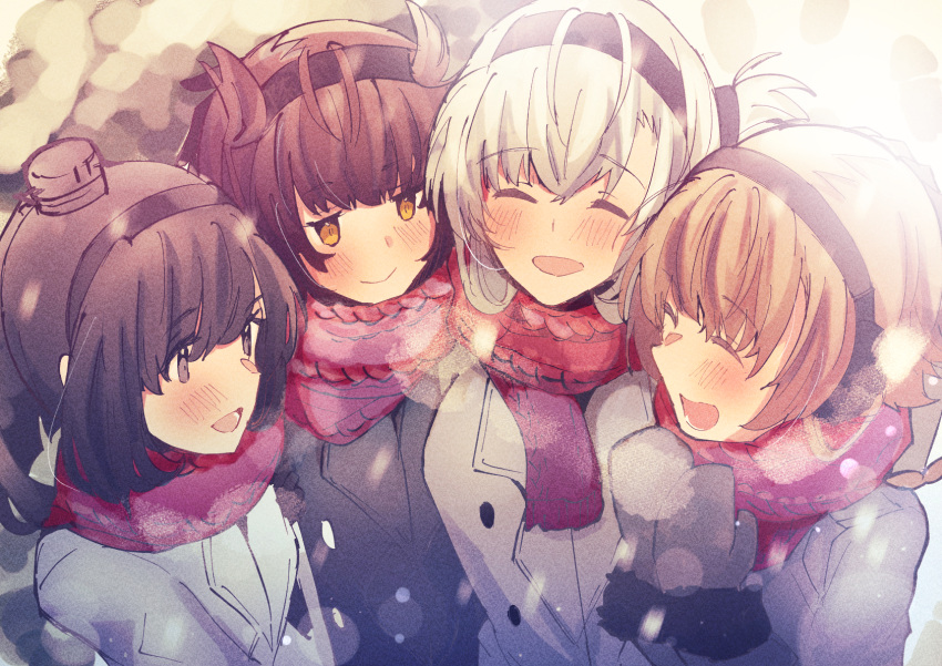 4girls :d ^_^ ^o^ akizuki_(kantai_collection) black_hair black_headband brown_hair closed_eyes earmuffs edel_(edelcat) grey_coat grey_eyes hachimaki hatsuzuki_(kantai_collection) headband highres kantai_collection light_brown_hair long_sleeves mittens multiple_girls open_mouth red_scarf scarf smile snow suzutsuki_(kantai_collection) teruzuki_(kantai_collection) white_hair winter_clothes yellow_eyes