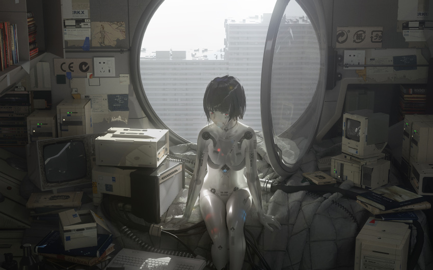 1girl absurdres android bangs bed black_hair blunt_bangs book_stack bookshelf breasts building cable day highres indoors keyboard_(computer) looking_at_viewer medium_breasts monitor navel novelance open_window original red_eyes short_hair sitting solo window