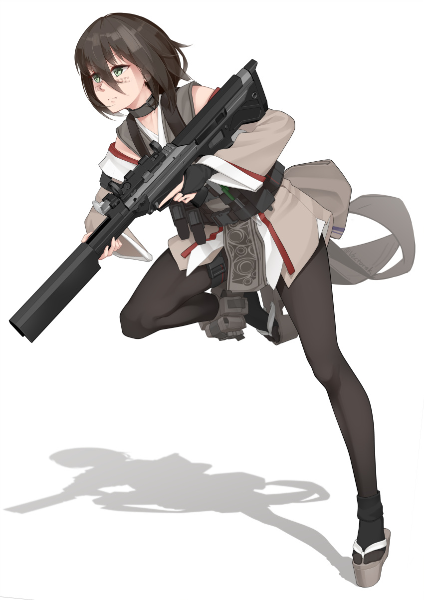 1girl absurdres assault_rifle black_hair black_legwear brown_eyes bulletproof_vest bullpup desert_tech_mdr detached_sleeves facial_mark full_body green_eyes grey_kimono gun handgun highres holster holstered_weapon japanese_clothes kimono long_hair magazine_(weapon) military military_operator multiple_views obi original pantyhose pistol rifle sandals sash short_kimono suppressor tabi trigger_discipline vectorek weapon wide_sleeves zouri